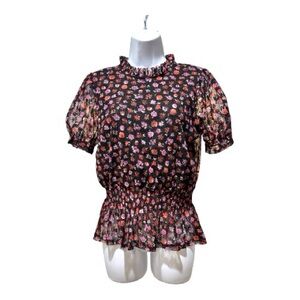 Meraki Floral Sheer Puff Sleeve Blouse Ruched Waist Size L
